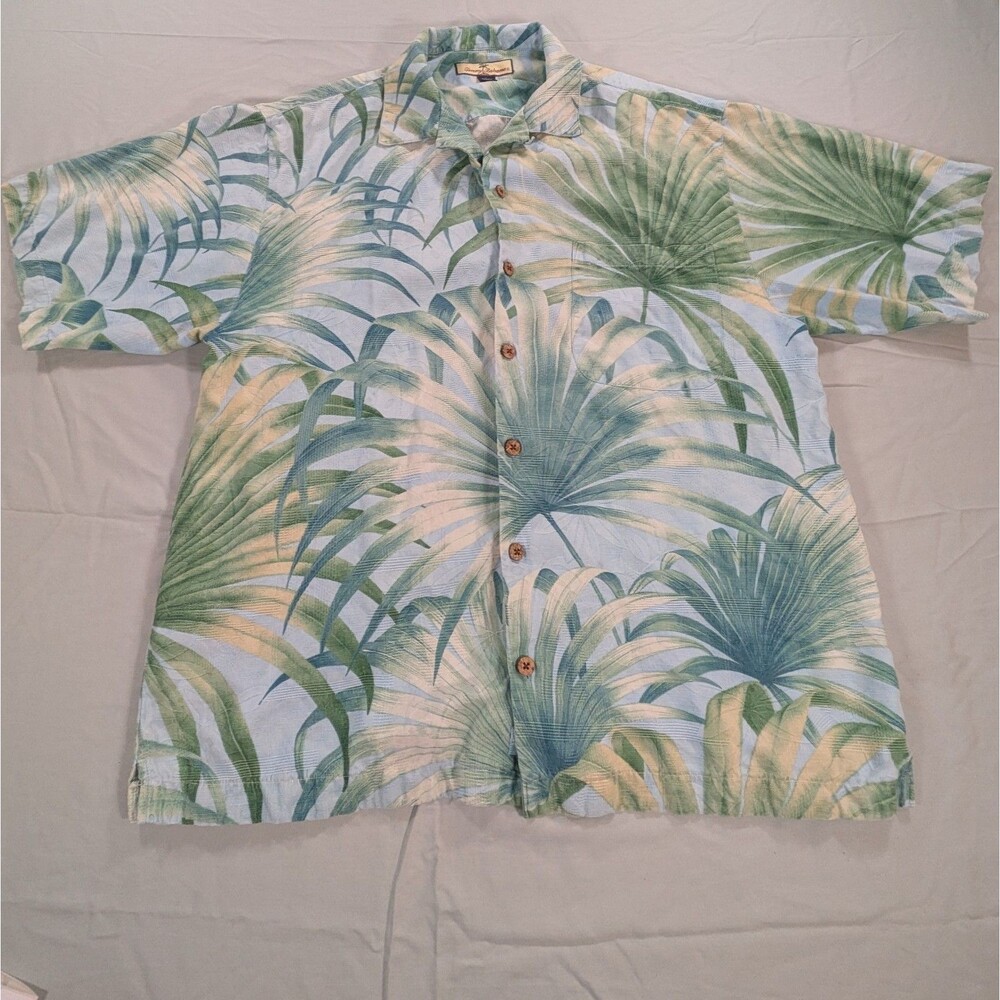 Tommy Bahama Men’s Large 100% Silk Short Sleeve Button Down Shirt Palm Fronds